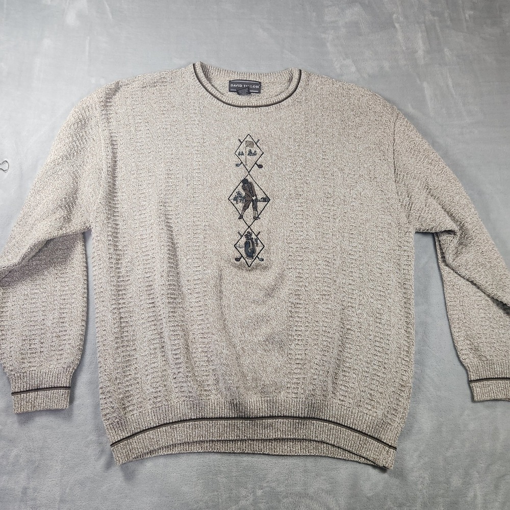 Vintage David  Taylor Golf Sweater XL Beige  Embroidered Textured 90s Grandpa‎